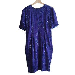Vintage 80s Beaded Sequin Silk Dress M Royal Blue Mob Wife Cocktail Dress 10